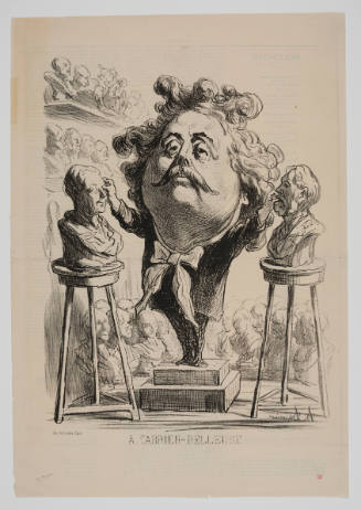 Caricature of artist working on a bust sculptures with both of his hands and piles of busts in backg