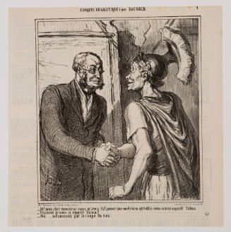 Caricature of two men shaking hands, one bespectacled man in suit and the other in a Roman costume