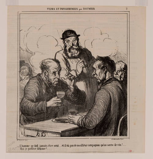 Caricature of three male-presenting people having a conversation around the table with drinks in han