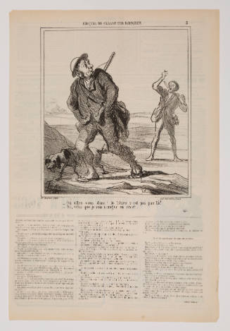 Newspaper with caricature of two men and a dog on a hunting party; the man in the back is yelling