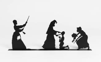 Sculpture with three sections of silhouetted figures with caricatured, stereotyped African American 