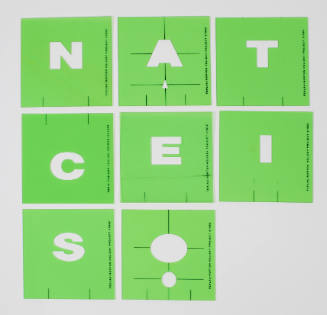 Green squares arranged in grid with the letters N-A-T-C-E-I-S-O cut out and small black printed text