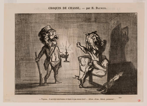 Caricature of a person holding a shotgun and a candle approaching a person yawning in their dark bed