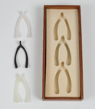 Wooden box with three models of wishbones in ceramic, metal, and rubber in custom felt housing