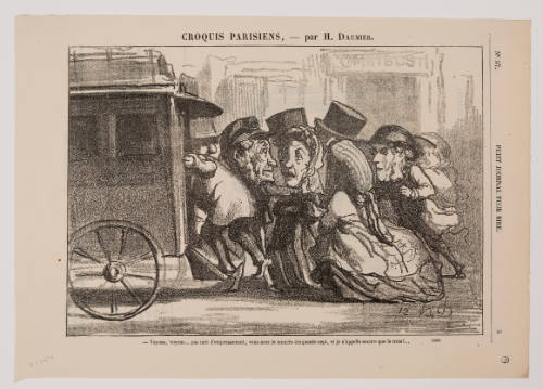 Caricature of a group of people with harried expressions clamoring onto the back of a carriage
